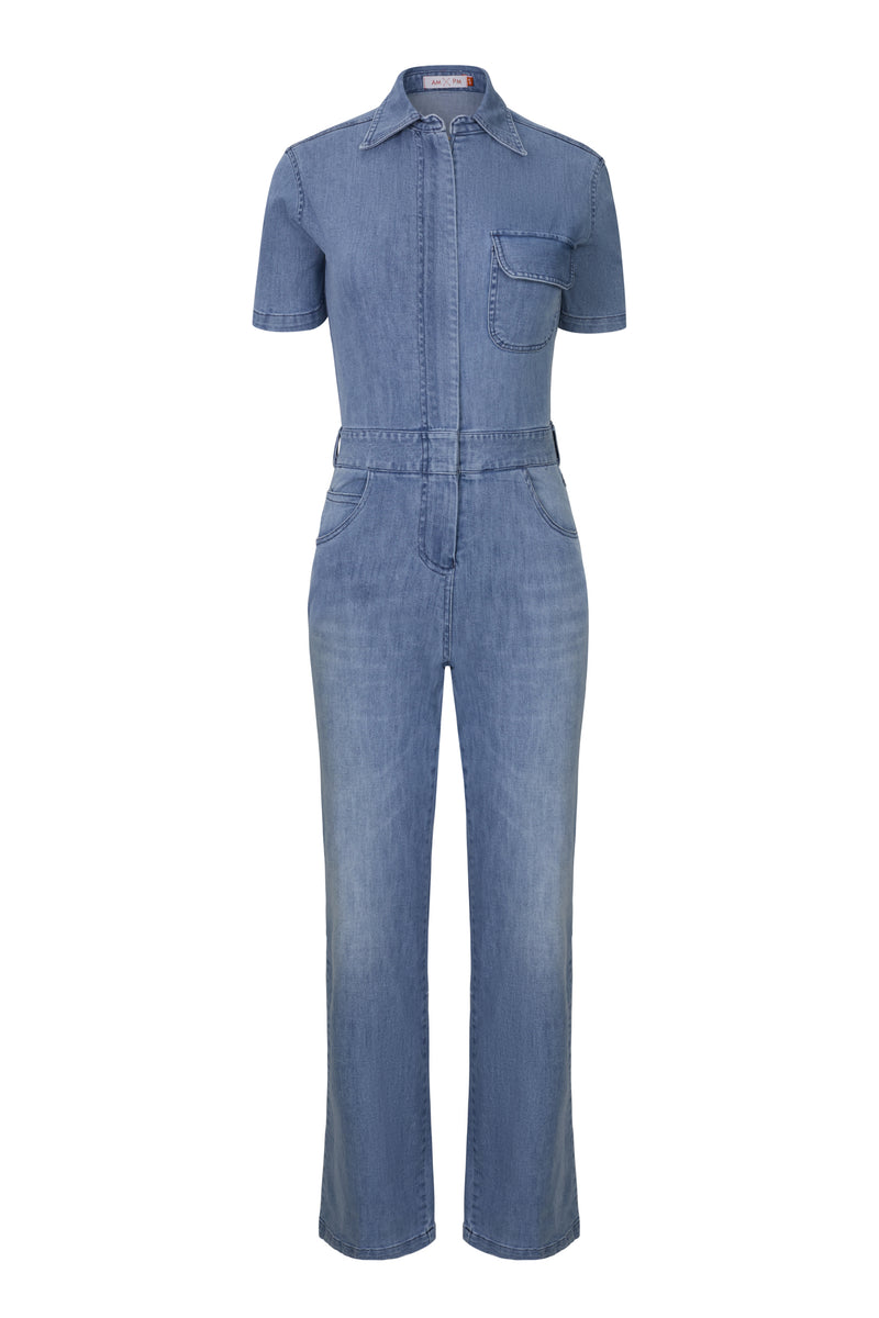 Short Sleeve Wide Leg Denim Jumpsuit