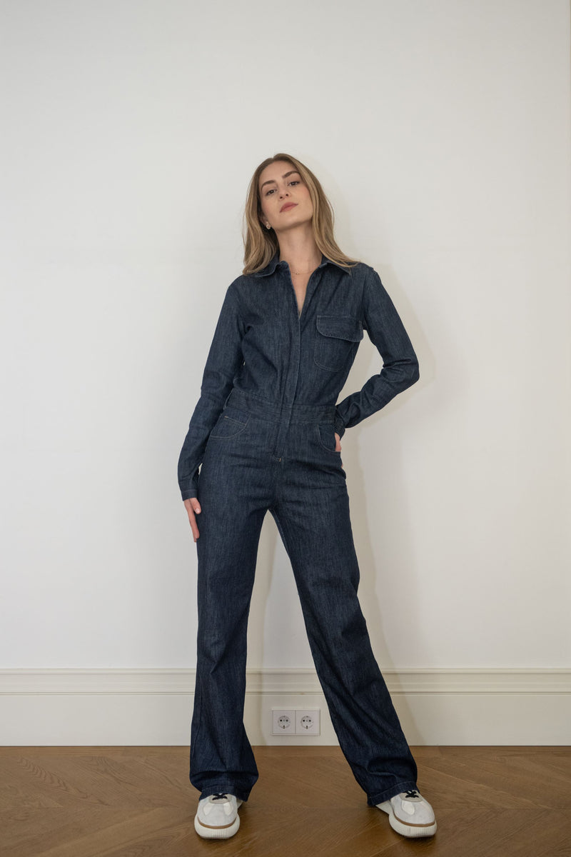 Long Sleeve Denim Wide Leg Jumpsuit