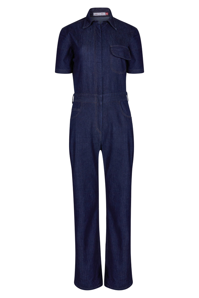 Short Sleeve Wide Leg Denim Jumpsuit